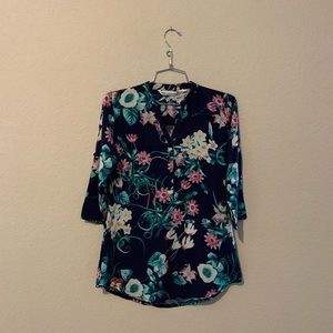 Blue Floral 3/4 Sleeve Half Button Blouse